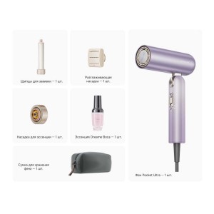 Комплект поставки   Щипцы для завивки - 1 шт.
Разглаживающая насадка - 1 шт.
Насадка для эссенции - 1 шт.
Эссенция Dreame Воса - 1 шт.
Сумка для хранения фена - 1 шт.
Фен Pocket Ultra - 1 шт.