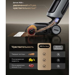 Датчик RGB обнаруживает различные загрязнения и регулирует мощность всасывания   Благодаря датчику RGB с повышенной чувствительностью пылесос H15 Pro Heat может распознавать различные типы грязи и пятен, регулируя мощность всасывания для наиболее эффективной уборки каждого типа загрязнений.