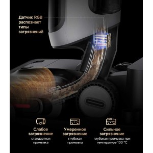 RGB-датчик пылесоса работает как во время уборки пола, так и при интеллектуальной самоочистке. Он определяет уровень загрязнения щётки и базы, адаптирует режим очистки и обеспечивает тщательное удаление остатков с роликовой щётки