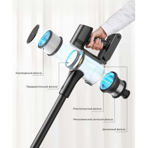 Усовершенствованный многоконусный фильтр отделяет крупные частицы пыли из воздуха и перенаправляет их в контейнер для мусора, который можно опорожнить одним нажатием кнопки. Многослойная система фильтрации обеспечивает удержание мелкой пыли с эффективностью до 99,9%.