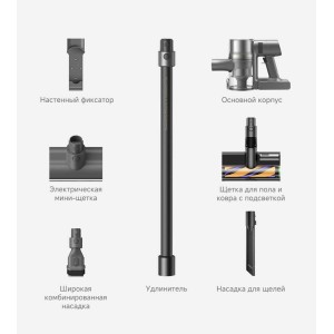 Комплект поставки   Настенный фиксатор
Основной корпус
Электрическая мини-щетка
Широкая
комбинированная насадка
Щетка для пола и ковра с подсветкой
Удлинитель
Насадка для щелей